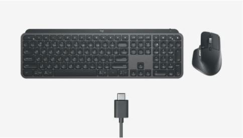 A keyboard and a mouse are displayed next to a USB cable.